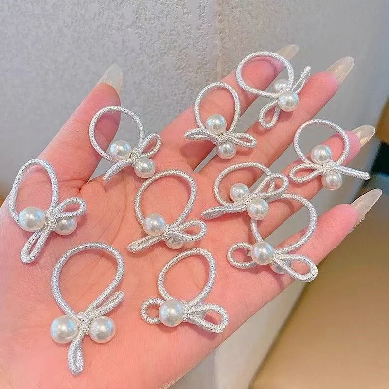 Korean Style Silver Pearl Bow Hair Ties for Girls – Mini Elastic Ponytail Holders for Toddlers, Non-Slip Gentle Baby Hair Rings, Small Butterfly Knot Elastics for Fine Hair, Cute Princess Hair Accessories